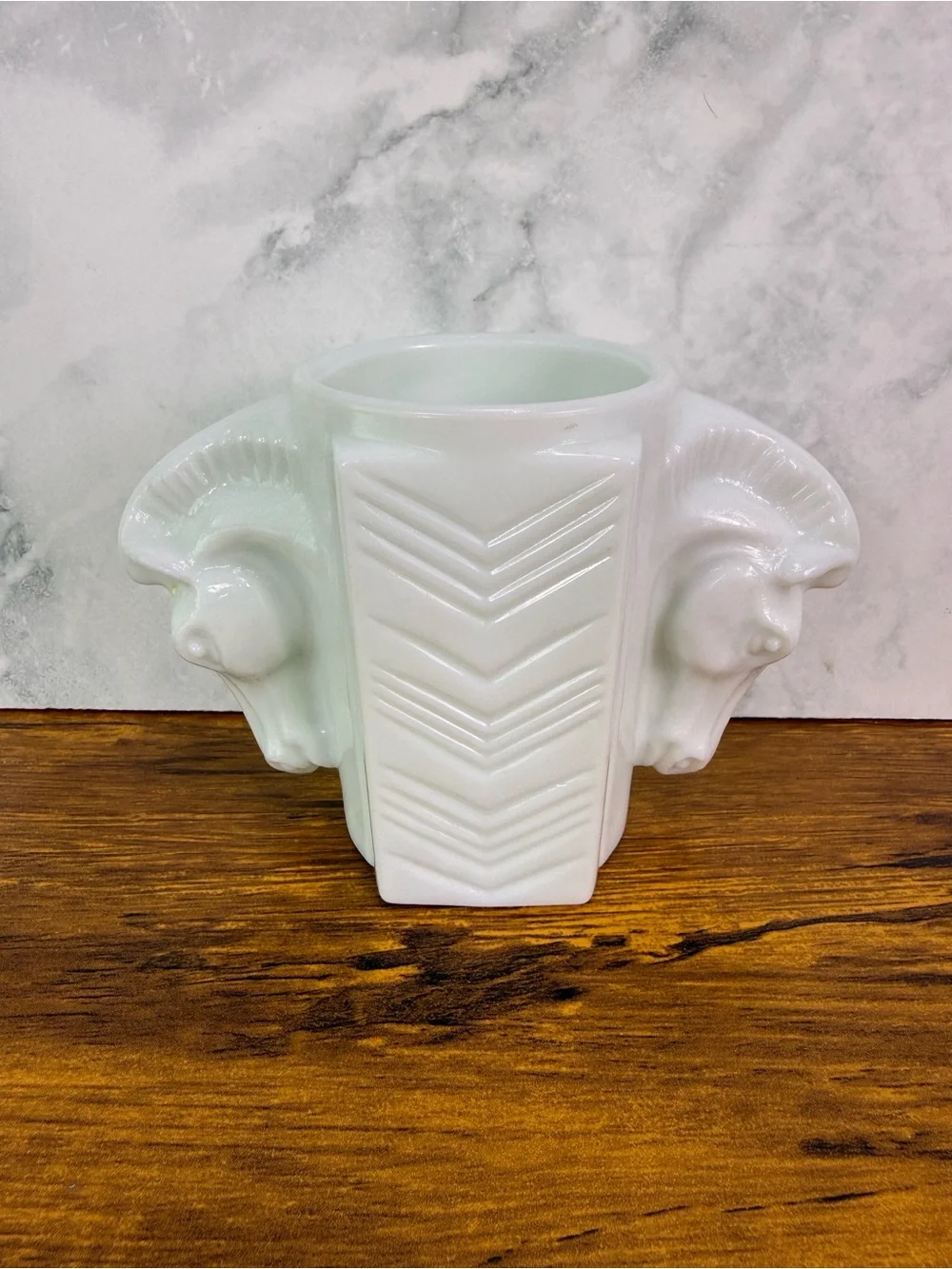 Vintage Macbeth Evans Milk Glass Double Horse Head Vase Art Deco Shave Cup